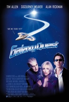 The theatrical release poster shows Alan Rickman as Alexander Dane, Sigourney Weaver as Gwen DeMarco, and Tim Allen as Jason Nesmith, while a starship swerves through space with the caption, "Are we there yet?".