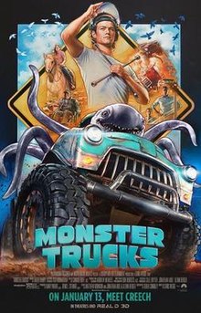 A purple tentacle-limbed monster squeezed inside a blue truck on a dirt road is in the foreground, while a collage of human characters in front of a yellow traffic sign is in the background.