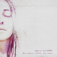 A photo of half of Alanis Morissette's face on the left side of the image, with a purple color filter, against a white background with some purple speckles across it, and with the artist's and album's name in handwritten, all lowercase purple font in the bottom-right corner.