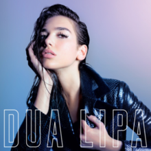 Dua Lipa wearing a scaled jacket, resting her head on her hand with wet hair over a blue-purple background. Her name and the album's title appear at the bottom in big block white letters.