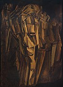 Marcel Duchamp, 1911–1912, Nude (Study), Sad Young Man on a Train (Nu, esquisse, jeune homme triste dans un train), oil on cardboard mounted on Masonite, 100 × 73 cm, Peggy Guggenheim Collection, Venice