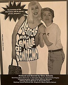 A film poster of Belverio and Paglia posing with their hands clasped together. The title of the film is printed across Belverio's dress, and a callout in the corner reads "The Feminism of the 21st Century will be pro-art, pro-sex, pro-porn!"