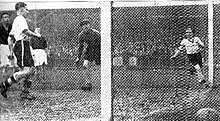 A black-and-white newspaper photograph: taken from behind the goalkeeper's left-hand goalpost, a football is pictured on the right-hand side, in the foreground; an association football player in a white shirt and black shorts is seen on the left-hand side.
