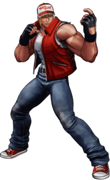 A stylized 3D render of a blond, muscular man wearing jeans, a white tank top and a red vest and cap