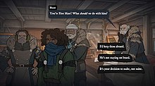 A character is being held by two others, as dialogue options on the right indicate what choices the player can make.