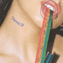 A closeup of Rosalía eating a rainbow-colored strip of candy. The artist name is written in blue ink on the image with the song's title written vertically on the strip. The letter "C" is seen becoming a swirl.