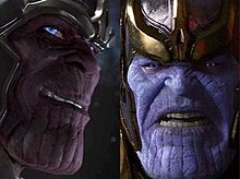Thanos' physical appearance changed for nearly every one of his appearances. These images show what he looked like in The Avengers (2012) and Guardians of the Galaxy (2014).