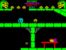 Horizontal rectangular video game screenshot that is a digital representation of a castle interior. A yellow pumpkin bounces on the second floor of a castle room. To the left of the pumpkin is a blue monster, while a red table with a bowl of fruit is below on the first floor.