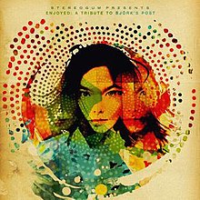 A distorted, multicolored photograph of Björk's face from the album Post with rings of multicolored dots around her.