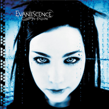 A black-haired woman is staring forward against a bluish background. In the top left corner of the image, the words "Evanescence" and "Fallen" are placed, stylized in all capital letters.