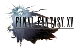 A one-winged woman in flowing robes rests with her head on her arms. Behind her is a crystal sphere surrounded by a sun-like adornment, with a serpentine creature woven into it. She rests near the logo of Final Fantasy XV. The piece is done in a pastel watercolor style that fades from silver to blue to black.