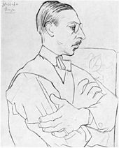 Pencil drawing of Stravinsky sitting sideways, arms crossed