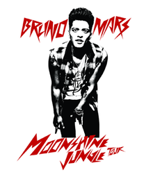 A promotional poster of the tour, with Bruno Mars pictured on it, the words "Bruno Mars Moonshine Jungle Tour" in red capital font in a white background