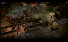 Screenshot of the prototype tactical mission showing two Phoenix Point soldiers facing off against a giant boss monster, the Crab Queen.