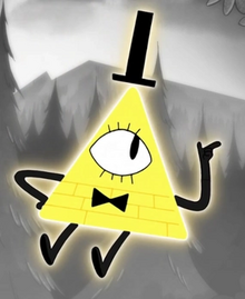 A cartoon illustration of Bill Cipher in a grey forest. He is a floating yellow triangle with a single eye and a brick pattern on his body. He wears a black bowtie and top hat, and has black arms and legs. He emanates yellow glowing light.