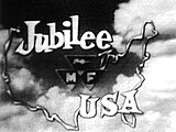 words Jubilee USA inside an outline of the United States with a background of clouds