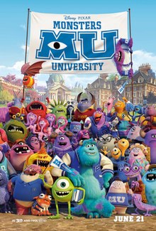 An assemble of characters (including James P. Sullivan and Mike Wazowski) all stand towards the viewer with the University in the background. A large white banner reading the film's title (and its acronym "MU") and the production companies, Disney and Pixar, appear above the characters.