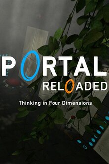 An Aperture Science test chamber in the background, with the logo of Portal Reloaded in front and the caption Thinking in Four Dimensions