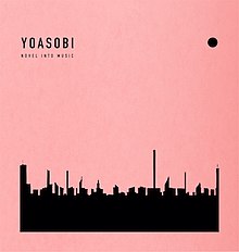 A silhouette of a skyline with a light red background, showing "YOASOBI" / "NOVEL INTO MUSIC" on the left-top corner, and a black circle on the right-top corner