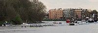 Oxford leading Cambridge as they come round the last bend to approach the finish