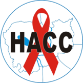 HACC logo, an AIDS ribbon over a map of Cambodia