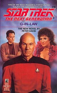 Q and Lwaxana Troi in the background, behind Jean Luc Picard front and center