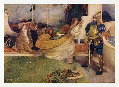 "Though I am but a girl, / Defiance thus I hurl.", at and by William Russell Flint (restored by Adam Cuerden)