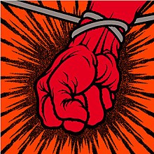 An orange background with a red clenched fist caught in a rope.