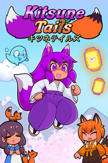 Cover of the video game Kitsune Tails. In the center, there is a purple-haired kitsune protagonist in mid air and being followed by a ghost. Above her, there is the video game logo with the title in both English and Japanese. Surrounding, the protagonist, there are two characters. On the left, there is a woman wearing a blue dress with a neutral happy expression in the company of two foxes. On the right, there is an orange-haired kitsune with a surprised expression.