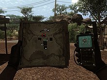 A scene viewed from first person; a man representing the player stands in a shaded area holding up a map and GPS device, one in each hand. Markers are displayed on the map, along with the player's current location.