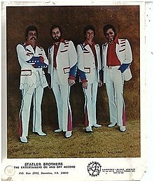 A promotional image of the Statler Brothers, 1970s. From left to right: Harold Reid, Don Reid, Phil Balsley, and Lew DeWitt.