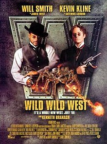Two 19th century gentlemen (an African American and a Caucasian), each wielding guns and behind a gigantic metallic "W" are facing the viewer. Beneath them is a giant flame-spewing mechanical spider, the film's title and credits.