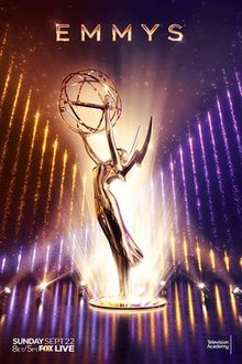 A poster depicting an Emmy statuette in front of orange and purple lights