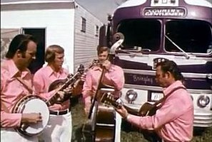 Country Gentlemen at Carlton Haney's festival, Camp Springs, NC in 1971. L-R Bill Emerson, Doyle Lawson, Bill Yates, Charlie Waller