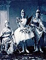 Anna Johansson (daughter of Christian Johansson) as Canari qui Chante with two unidentified suitors in Vsevolozhsky's costumes for the Petipa/Tchaikovsky The Sleeping Beauty (1890) at the Mariinsky Theatre