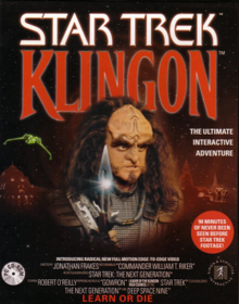Gowron holding a D'K Tahg knife with various Klingon scenes in the background.