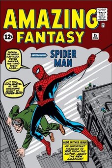 Cover art of Spider-Man, with big yellow letters "Amazing Fantasy".