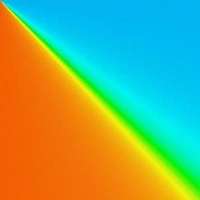 A spectral image of orange and blue divided by a beam of green colour