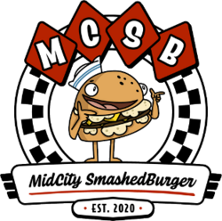 Graphic of an anthropomorphic hamburger wearing a hat and pointing finger guns; there is also a checkered circle enveloping the burger and the text "MCSB", "MidCity SmashedBurger", and "Est. 2020"