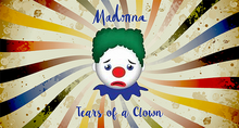 Picture of a clown's face with sad expression, in front of a whirling colorful backdrop.