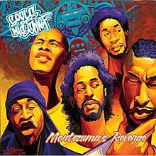 Hand-drawn heads of Souls of Mischief members and Prince Paul; behind them is an Aztec-inspired ornament with Souls of Mischief's and Hieroglyphics' logos. The album's title is at the bottom right, written in cursive.