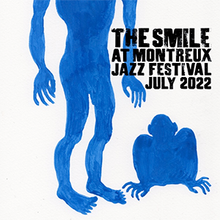 A painting of two blue humanoid silhouettes, one standing with their head and shoulders out of the top of the frame, and the other coming out from near the bottom of the frame with their lower body not visible. The album name is in the top-right corner in all caps block text.
