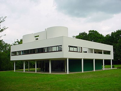 The Villa Savoye (1928–31) by Le Corbusier; Le Corbusier called for a "calm and powerful" architecture built of steel and reinforced concrete, without color or ornament.