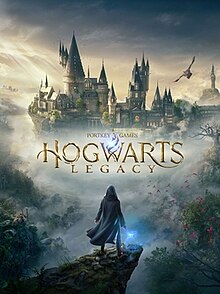 Front cover of the video game Hogwarts Legacy showing a single figure facing away from you towards Hogwarts castle.