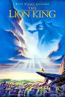 In an African savannah, several animals stare at a lion atop a tall rock. A lion's head can be seen in the clouds above. Atop the image is the text "Walt Disney Pictures presents The Lion King".