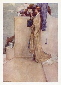Enter Princess, reading., at and by William Russell Flint (restored by Adam Cuerden)
