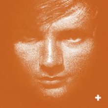 A orange-colour monochrome image of a closeup of Ed Sheeran. The plus sign (+) is seen at the bottom right.