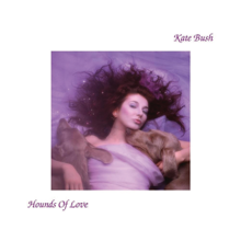 Cover art for Hounds of Love: a half-body photo of Kate Bush in a purple dress, flanked by two dogs