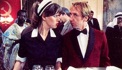 Annette Lynton and Enn Reitel in August 1984 on the London shoot of The Optimist, series two (episode 1, "Any Messages")