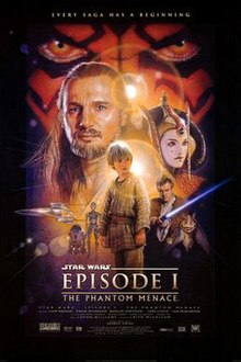 Illustration depicting various characters of the film, surrounded by a frame which reads at the top "Every saga has a beginning." In the background, there is a red face with yellow and red eyes, covered in black tattoos. Below the eyes are a bearded man with long hair, a young woman with white face paint and an intricate headdress, a reflective spaceship, a short and cylindrical robot besides a humanoid one, a boy wearing beige clothes, a young man wearing a brown robe holding a laser sword, and an alien creature with long ears. At the bottom of the image is the title "Star Wars: Episode I – The Phantom Menace" and the credits.